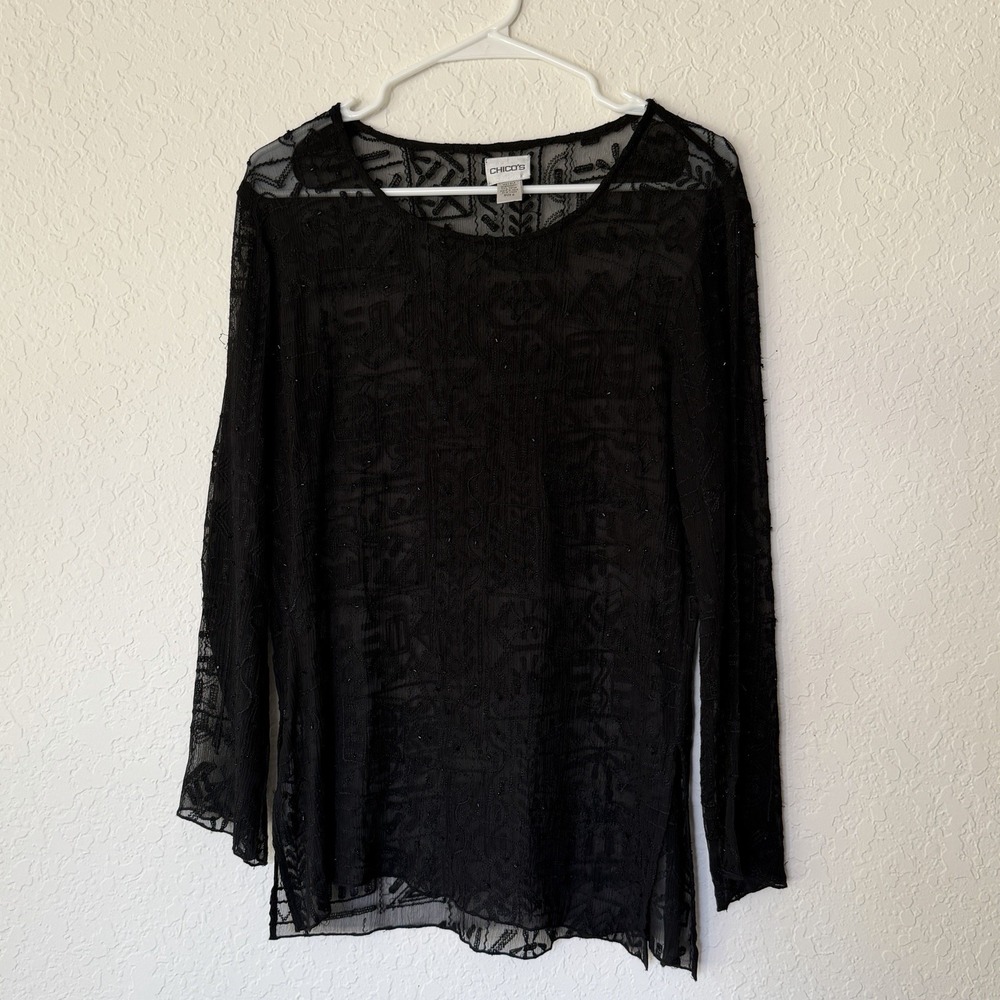Chico's 100% Silk Womens Shirt Blouse Tunic Size 0 Small Black Embroidered Sheer